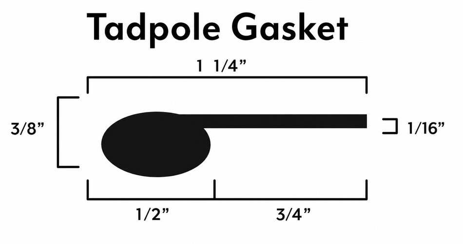 Tadpole Gasket – 1/2" Bulb x 1-1/4" Overall – Graphite Fiberglass PSA – Sold by the Foot