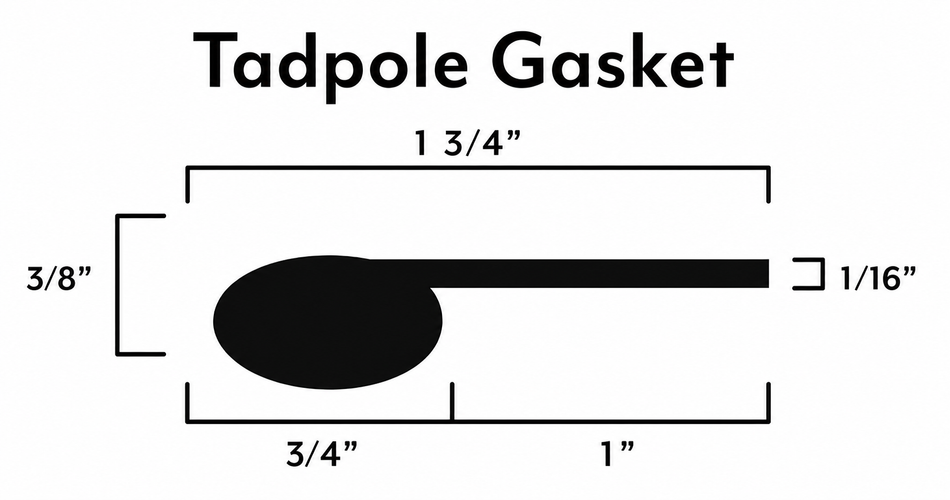 Tadpole Gasket – 3/4" Bulb x 1" Flat x 1-3/4" Overall – Sold by Foot