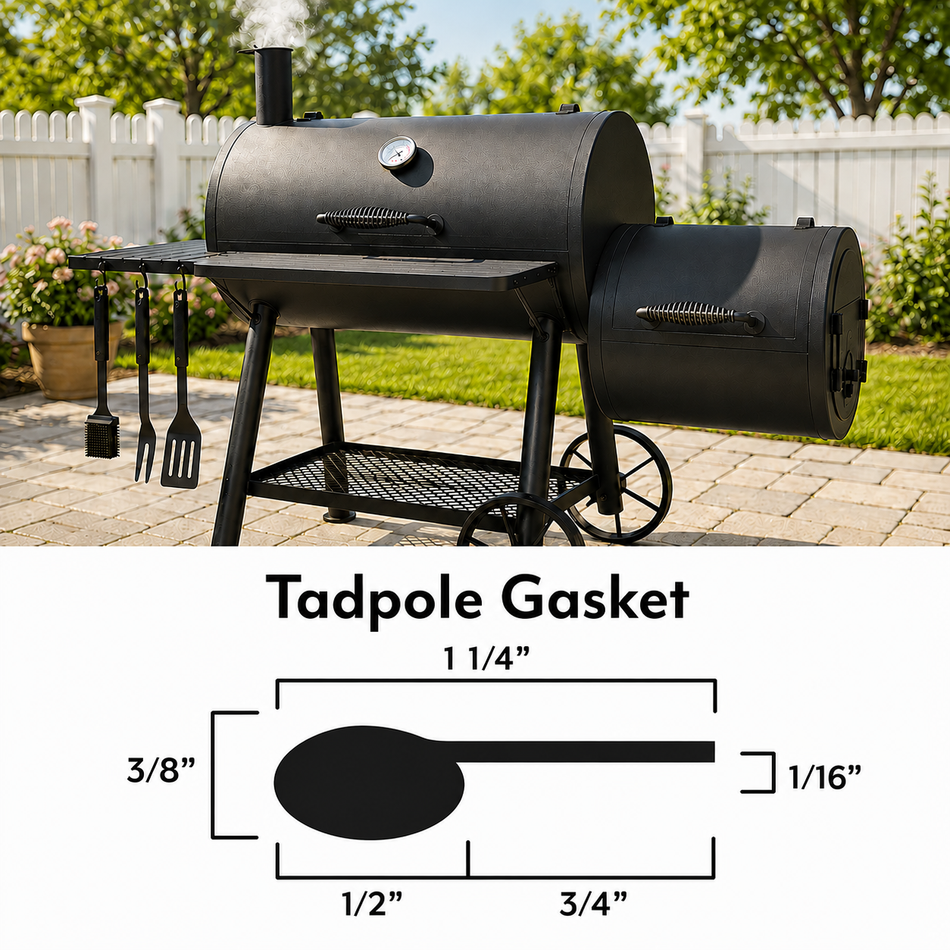 BBQ Smoker Tadpole Gasket – 1/2" Bulb x 1-1/4" Overall – 1,000°F Self-Adhesive – Sold by Foot