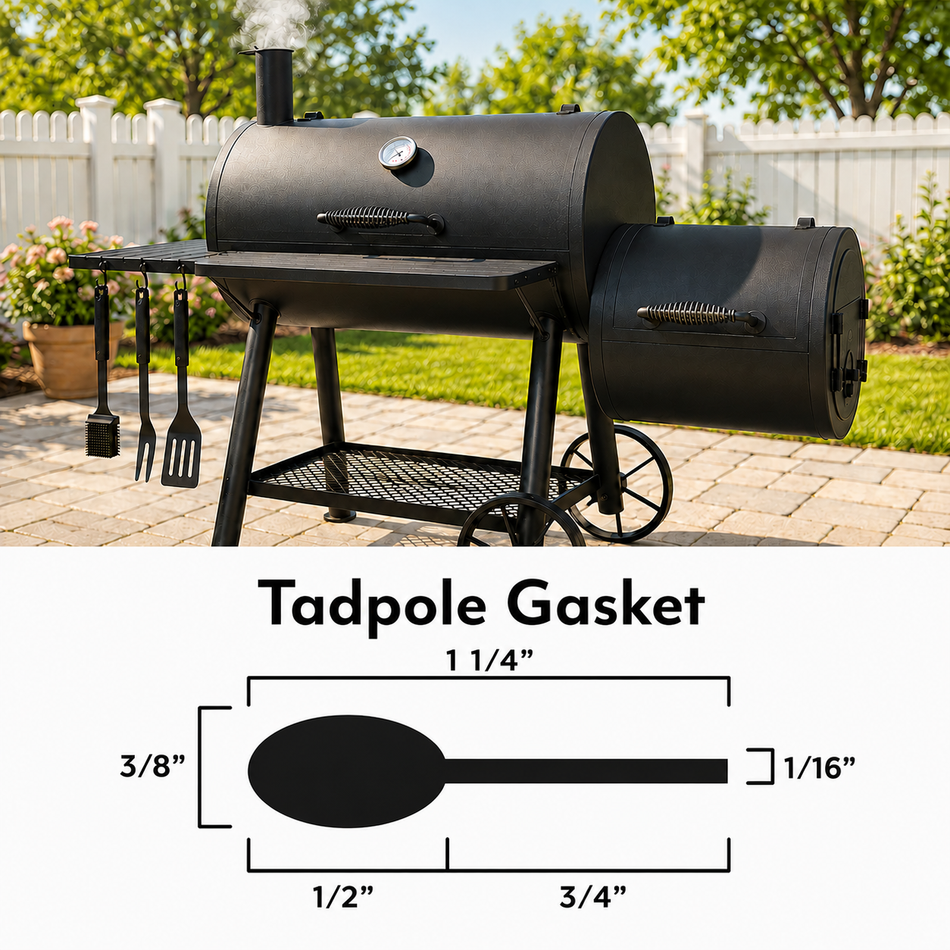 BBQ Smoker Tadpole Gasket – 1/2" Bulb x 3/4" Flat - 1 1/4" OA – 1,000°F – Sold by the Foot