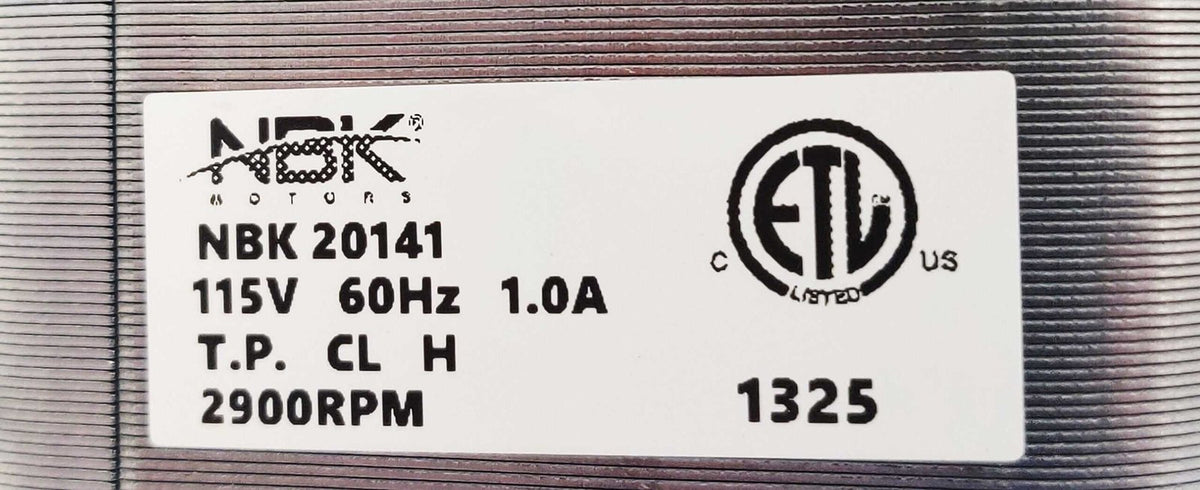 NBK 20141 motor nameplate showing 115 V, 60 Hz, 1.0 A and 2900 RPM
