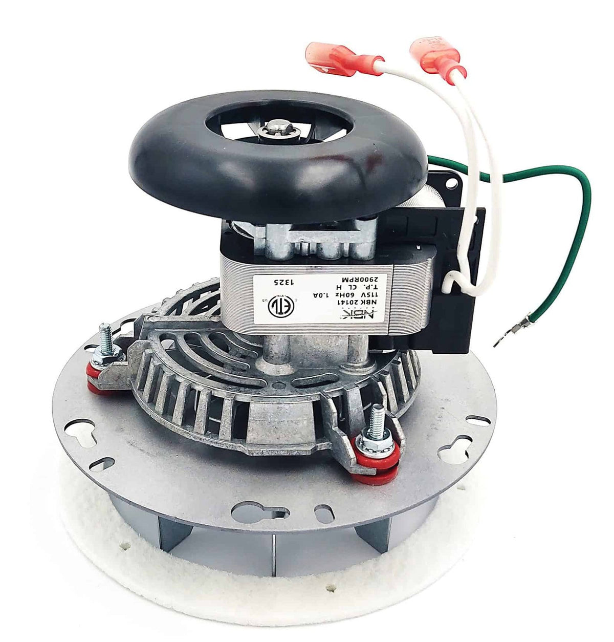 NBK 20141 exhaust blower motor with mounting plate, impeller, gasket and wire leads