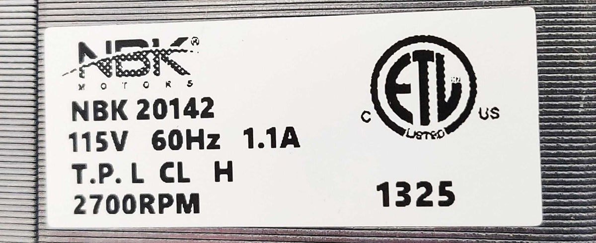 NBK 20142 motor nameplate showing 115 V, 60 Hz, 1.1 A and 2700 RPM