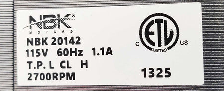 NBK 20142 motor nameplate showing 115 V, 60 Hz, 1.1 A and 2700 RPM