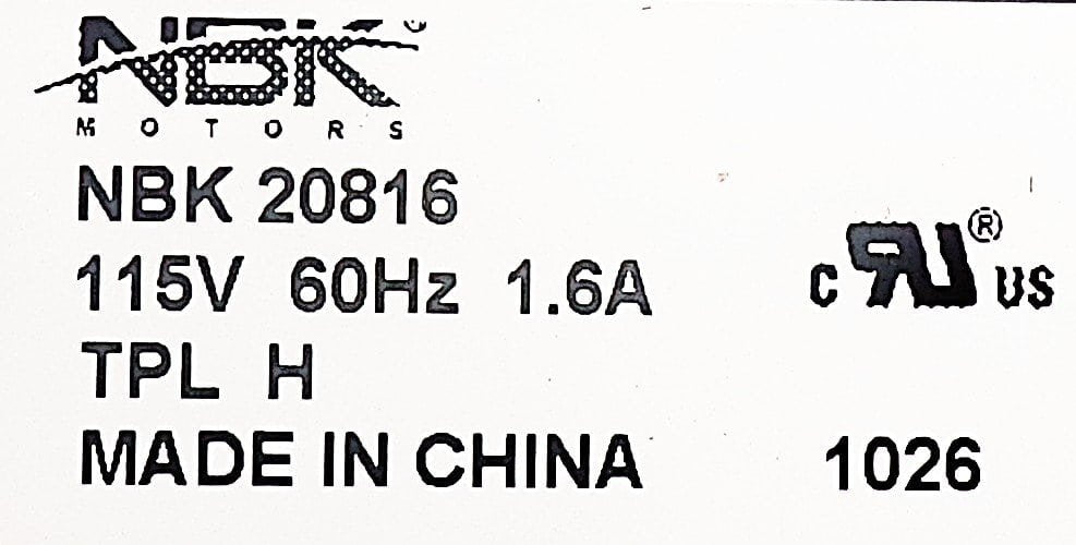 NBK 20816 motor nameplate showing 115 V, 60 Hz and 1.6 A