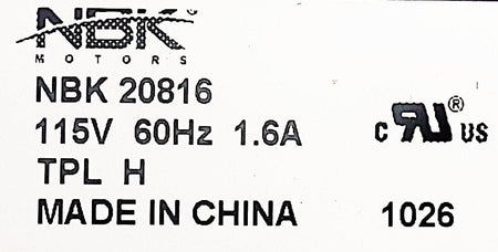NBK 20816 motor nameplate showing 115 V, 60 Hz and 1.6 A