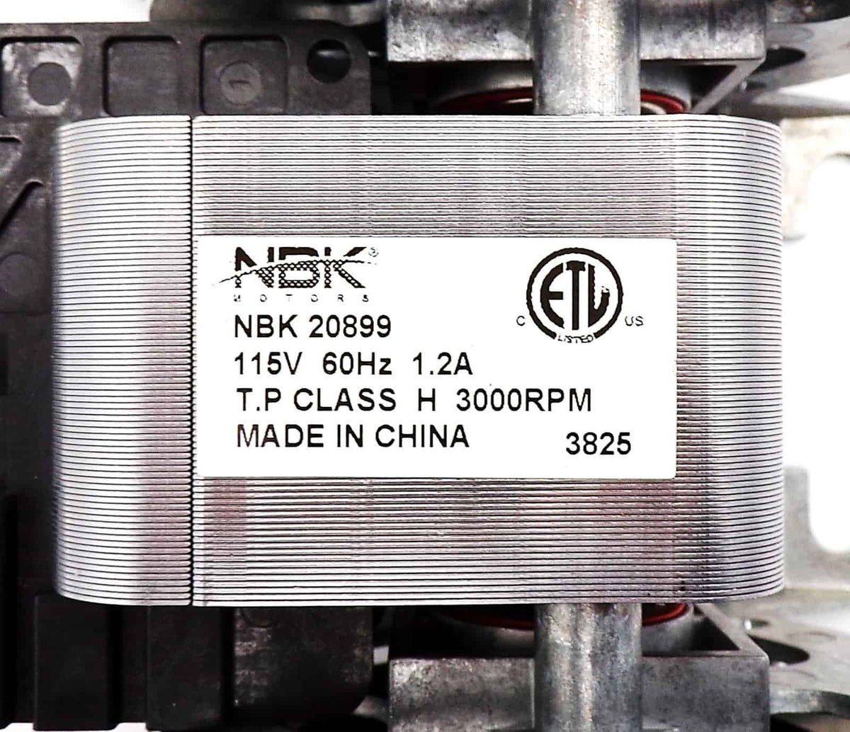 NBK 20899K supplier gallery nameplate marked NBK 20899, 115 V, 60 Hz, 1.2 A and 3000 RPM