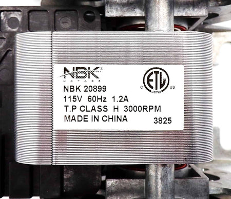 NBK 20899K supplier gallery nameplate marked NBK 20899, 115 V, 60 Hz, 1.2 A and 3000 RPM