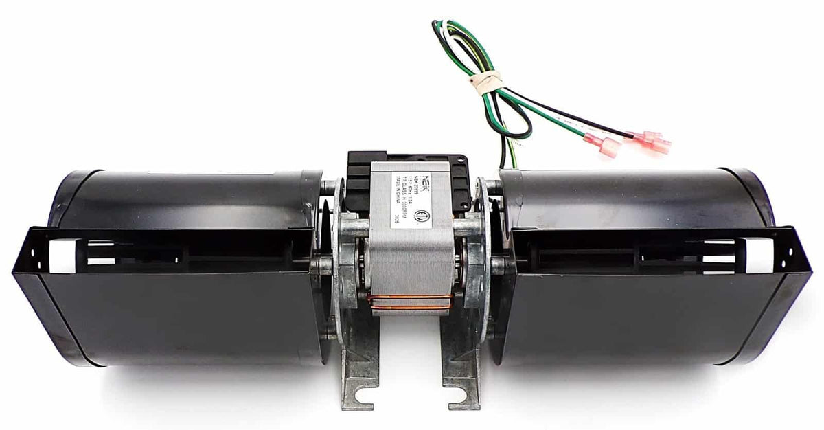 NBK 20899K double-fan blower outlet view with wire leads and mounting brackets