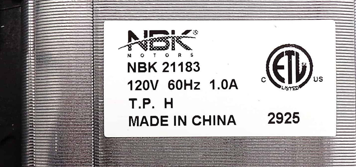 NBK 21183 motor nameplate showing 120 V, 60 Hz and 1.0 A