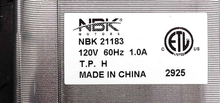 NBK 21183 motor nameplate showing 120 V, 60 Hz and 1.0 A