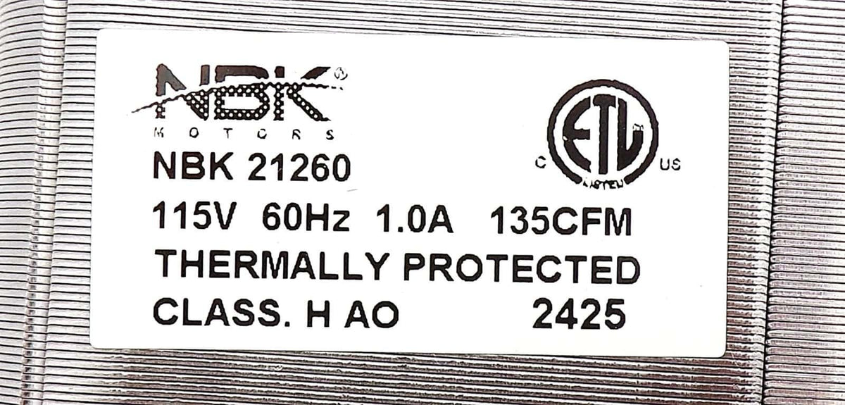 NBK 21260 motor label showing 115V, 60Hz, 1.0A, 135 CFM and thermal protection