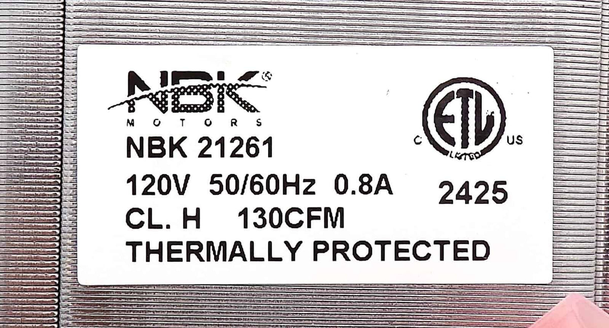 NBK 21261 nameplate showing 120 V, 50/60 Hz, 0.8 A and 130 CFM