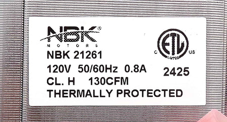 NBK 21261 nameplate showing 120 V, 50/60 Hz, 0.8 A and 130 CFM