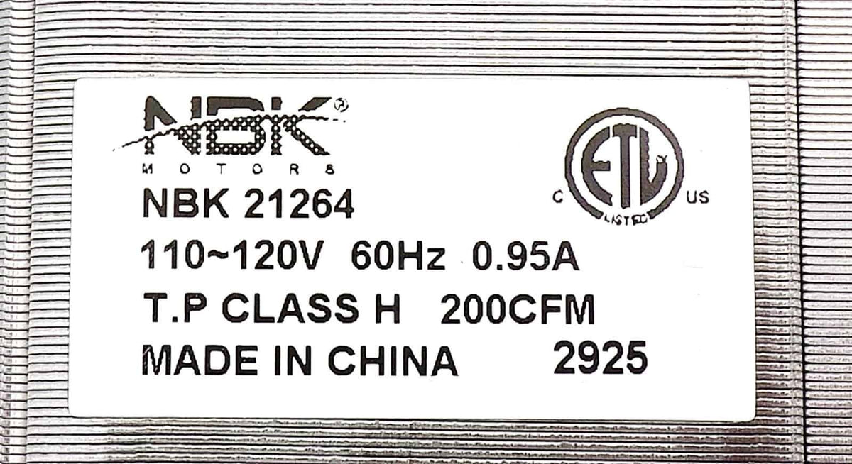 NBK 21264 blower label showing 110–120V, 60Hz, 0.95A and 200 CFM