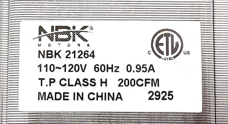 NBK 21264 blower label showing 110–120V, 60Hz, 0.95A and 200 CFM