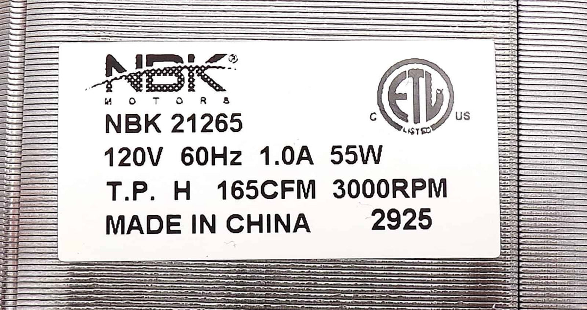 NBK 21265 nameplate showing 120 V, 60 Hz, 1.0 A, 55 W, 165 CFM and 3000 RPM