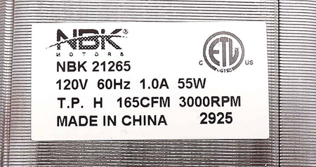 NBK 21265 nameplate showing 120 V, 60 Hz, 1.0 A, 55 W, 165 CFM and 3000 RPM