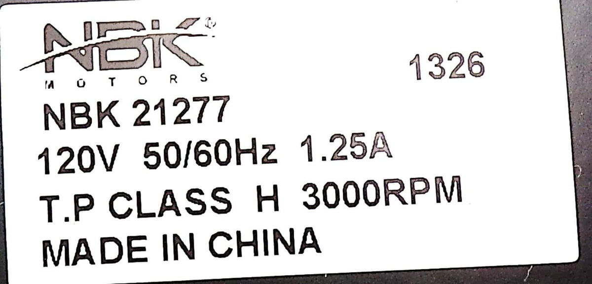 NBK 21277 kit nameplate showing 120 V, 50/60 Hz, 1.25 A and 3000 RPM