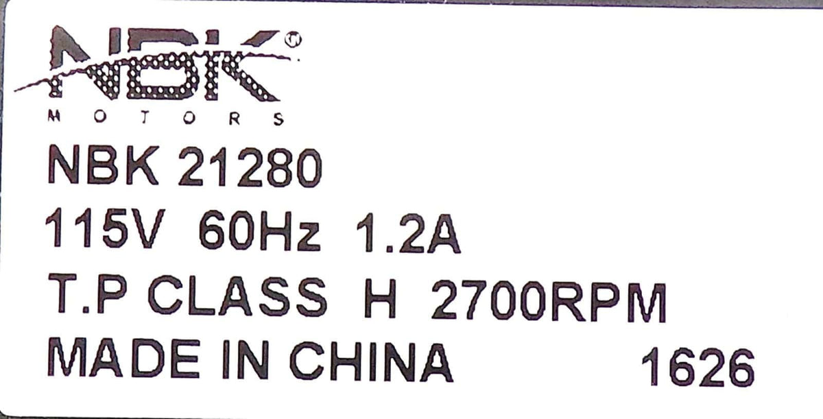 NBK 21280 kit nameplate showing 115 V, 60 Hz, 1.2 A and 2700 RPM